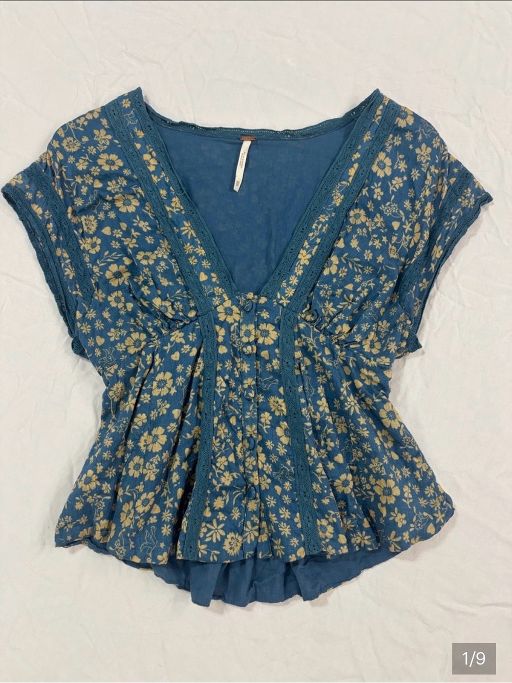 Free People Landy Blue Floral V-Neck Lace-Trim Blouse